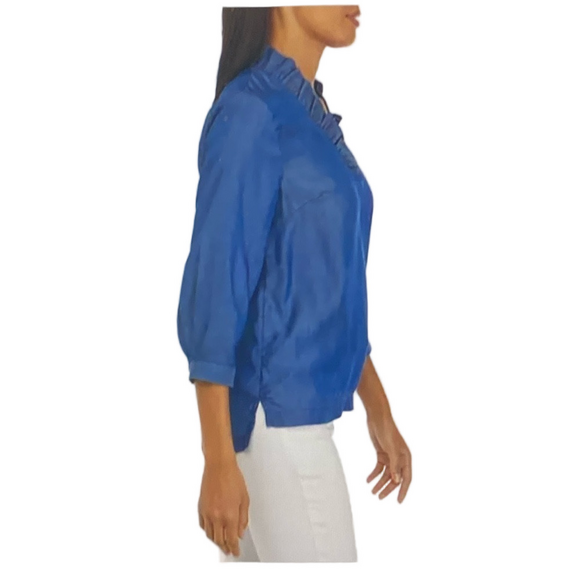 Crown & Ivy Blue Tencel Chambray Ruffle Neck Blouse Preppy Petite S - Picture 10 of 10